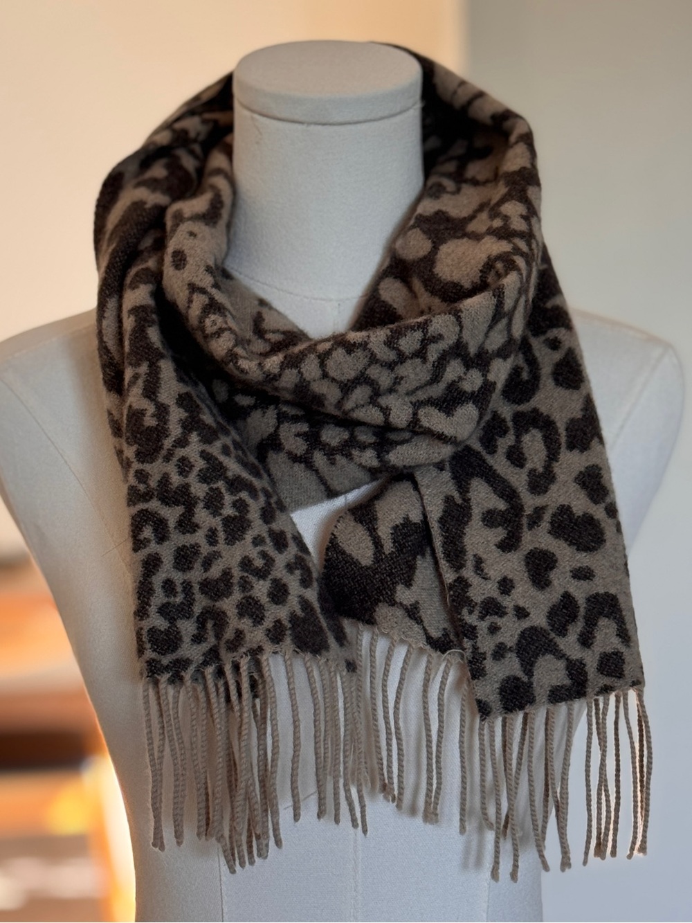 Charter Club Taupe and Black Leopard Fringe Scarf